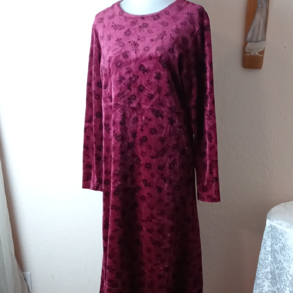 Talbots Burgundy Floral Velvet Long Sleeve Dress